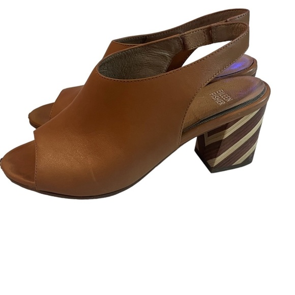 EILEEN FISHER Brown Leather Bobbi Sz 8 Peep Toe Sandal Heel Slingback - Picture 2 of 11